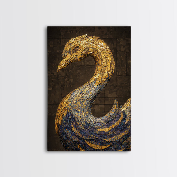 Blue Gold Mosaic Swan Framed Canvas Print, Black And Gold Art, Elegant Wall Decor, Contemporary Canvas, Statement Home Decor
