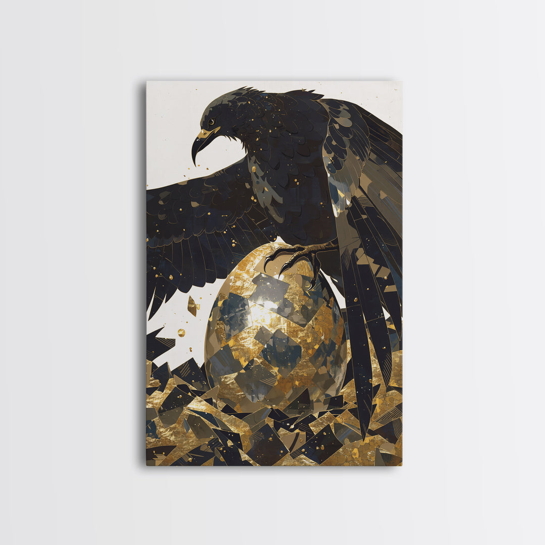 Black Eagle Golden Egg Canvas Print, Black And Gold Art, Animal Wall Decor, Bold Bird Artwork, Contemporary Living Room Art
