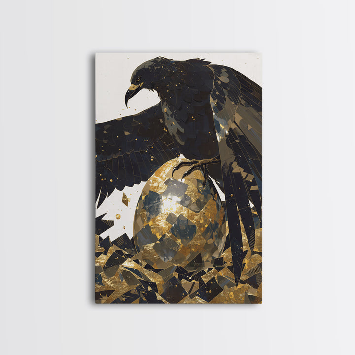 Black Eagle Golden Egg Canvas Print, Black And Gold Art, Animal Wall Decor, Bold Bird Artwork, Contemporary Living Room Art