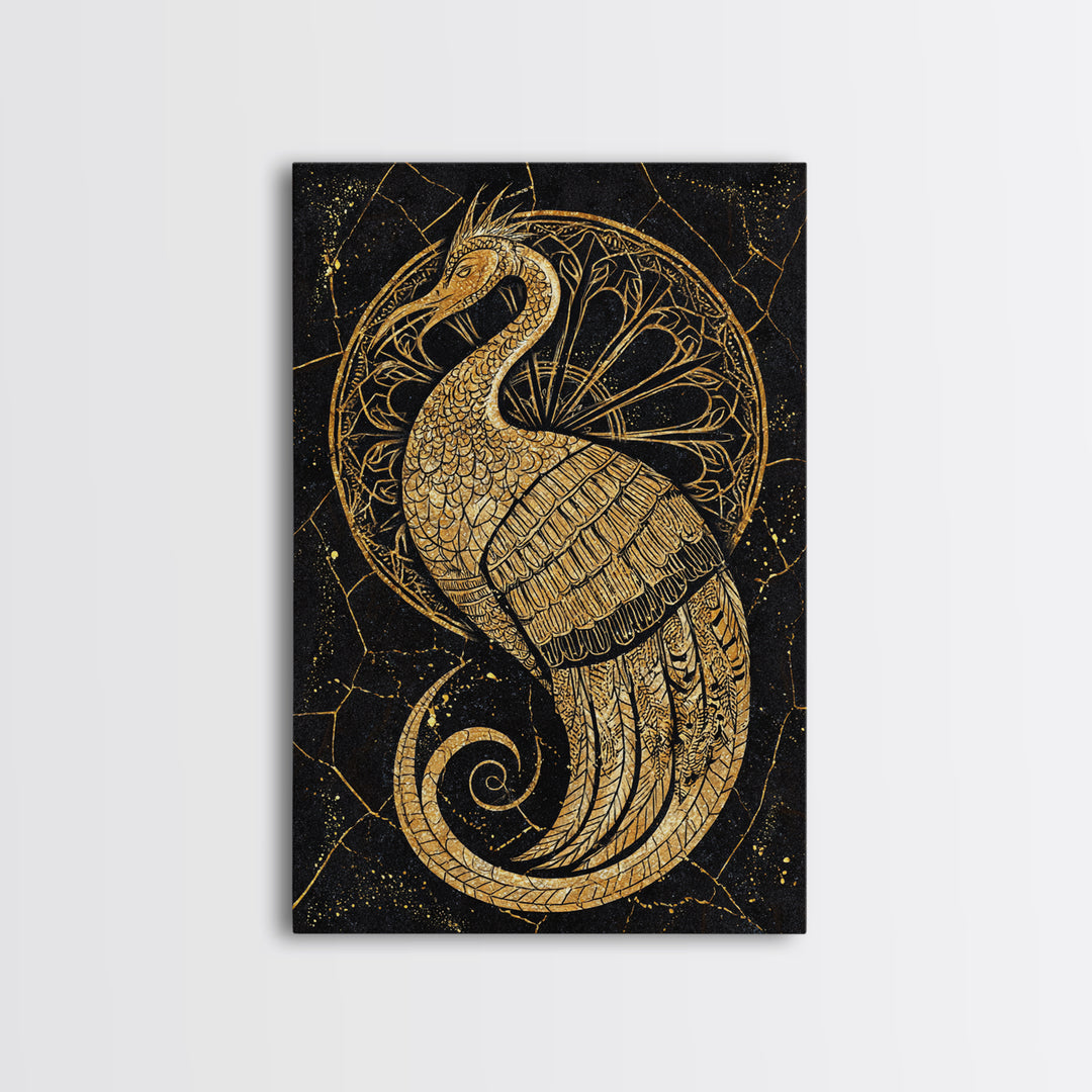 Ornate Golden Peacock Wall Art, Black And Gold Art, African Inspired Wall Decor, Mystical Animal Art, Luxury Canvas Print Gift