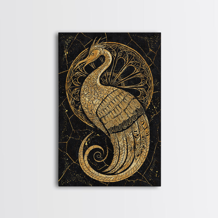 Ornate Golden Peacock Wall Art, Black And Gold Art, African Inspired Wall Decor, Mystical Animal Art, Luxury Canvas Print Gift