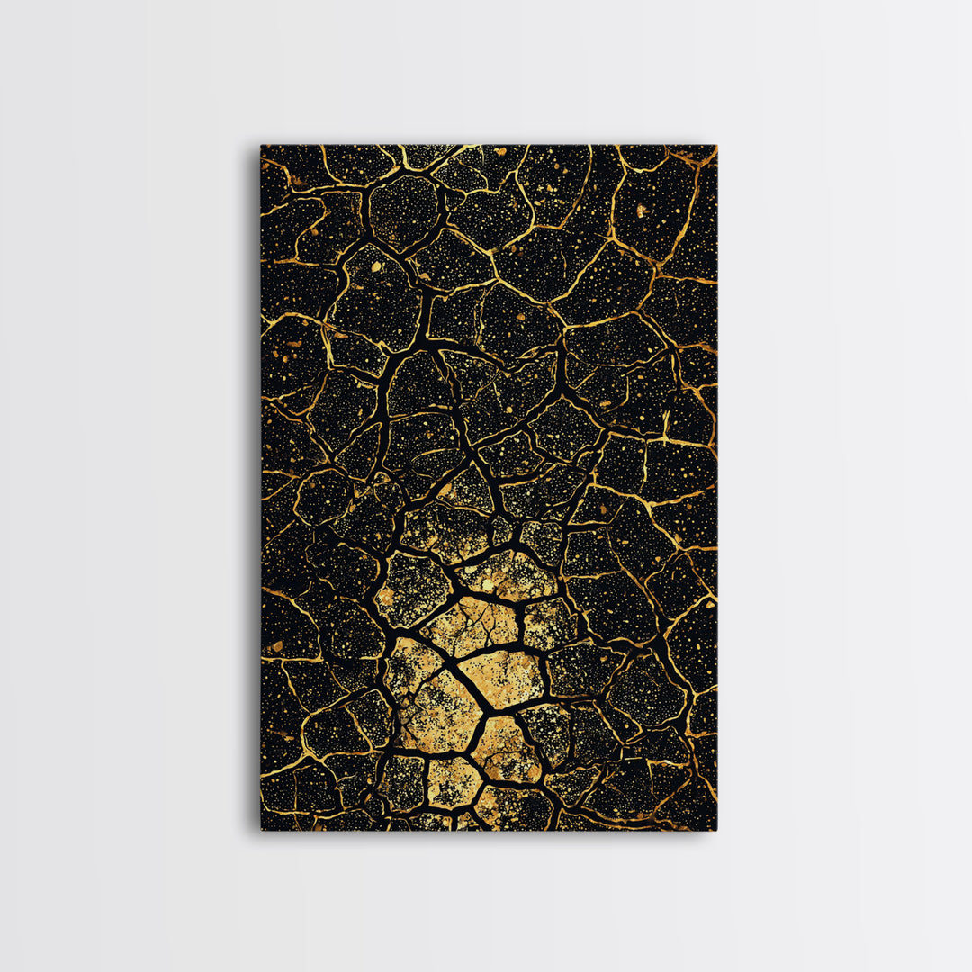 Black And Gold Crackle Abstract Wall Art, African Inspired Geometric Canvas Print, Luxury Art Decor, Modern Statement Piece