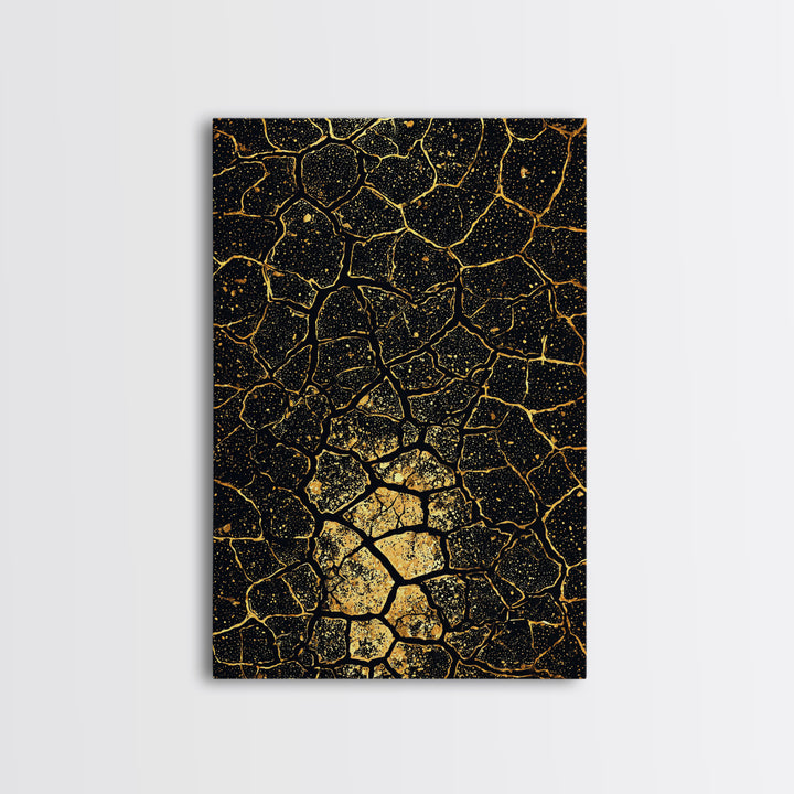 Black And Gold Crackle Abstract Wall Art, African Inspired Geometric Canvas Print, Luxury Art Decor, Modern Statement Piece