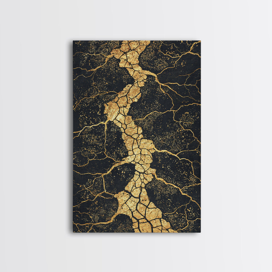 Gold Vein Crackle Abstract Canvas Print, Black And Gold Wall Art, Modern African Inspired Decor, Textured Art Print, Gift