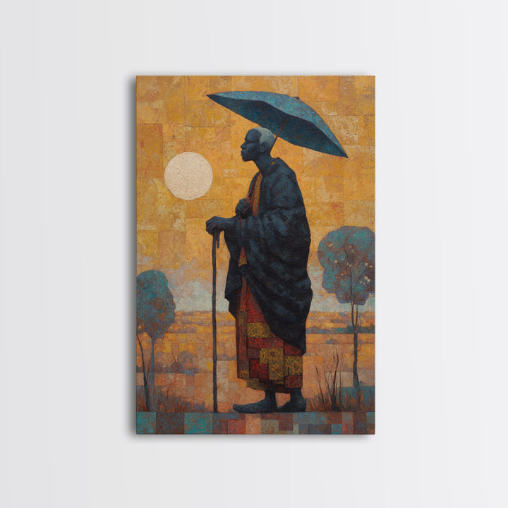 Elder With Blue Umbrella Wall Art, African Portrait Canvas Print, Burnt Orange Art, Afrocentric Decor, Meaningful Gift For Him