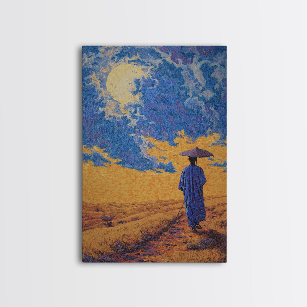 Blue Robed Traveler Under Moon Canvas Print, African Landscape Wall Art, Dreamy Wall Art, Cultural Home Decor, Gift For Him