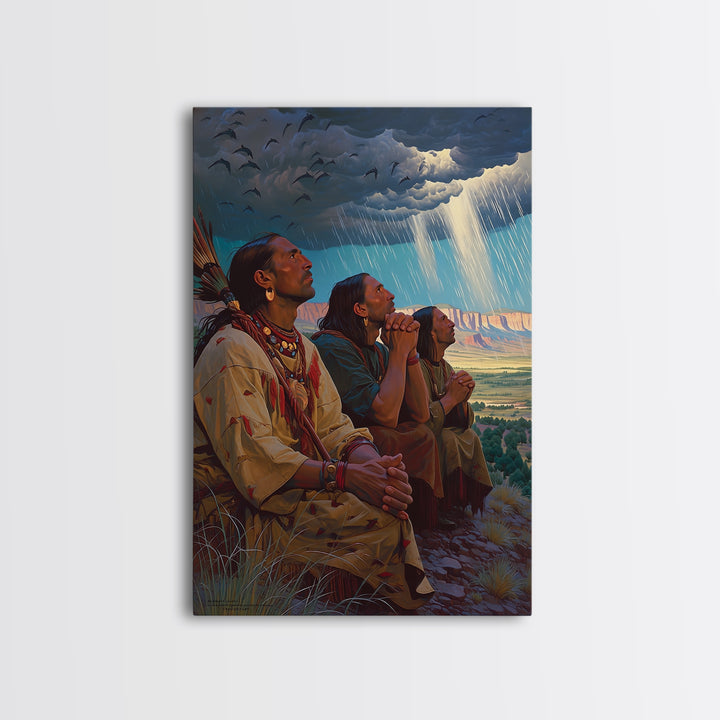 Tribal Elders Praying Under Storm Clouds Wall Art, African Warrior Art Print, Cultural Landscape, Spiritual Home Decor, Gift