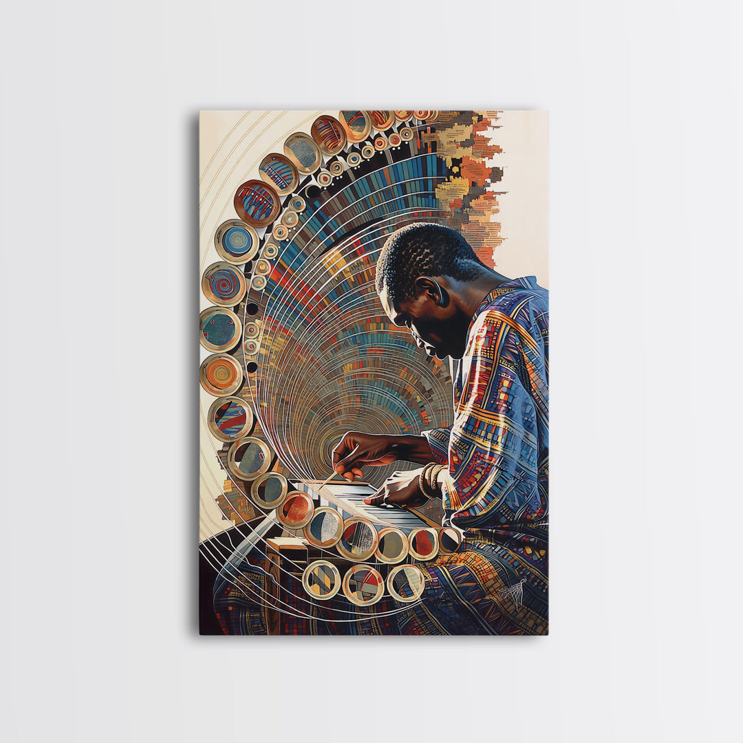 African Artist Weaving Geometric Circle Patterns Canvas Print, Modern African Art, Cultural Wall Decor, Creative Studio Gift