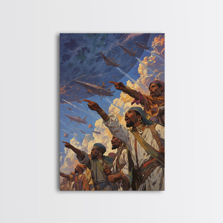 Afrofuturist Warriors Pointing At Sky Ships Wall Art, African Warrior Art, Modern African Art Print, Bold Cultural Decor