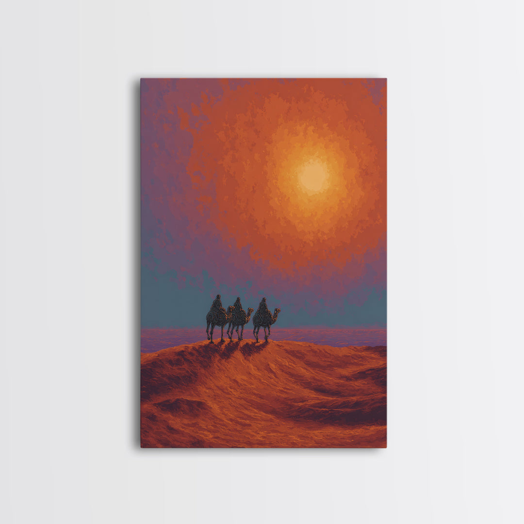 Camel Caravan Crossing Red Desert Dunes Wall Art, African Safari Art Print, Burnt Orange Art, Dreamy Landscape Decor, Gift