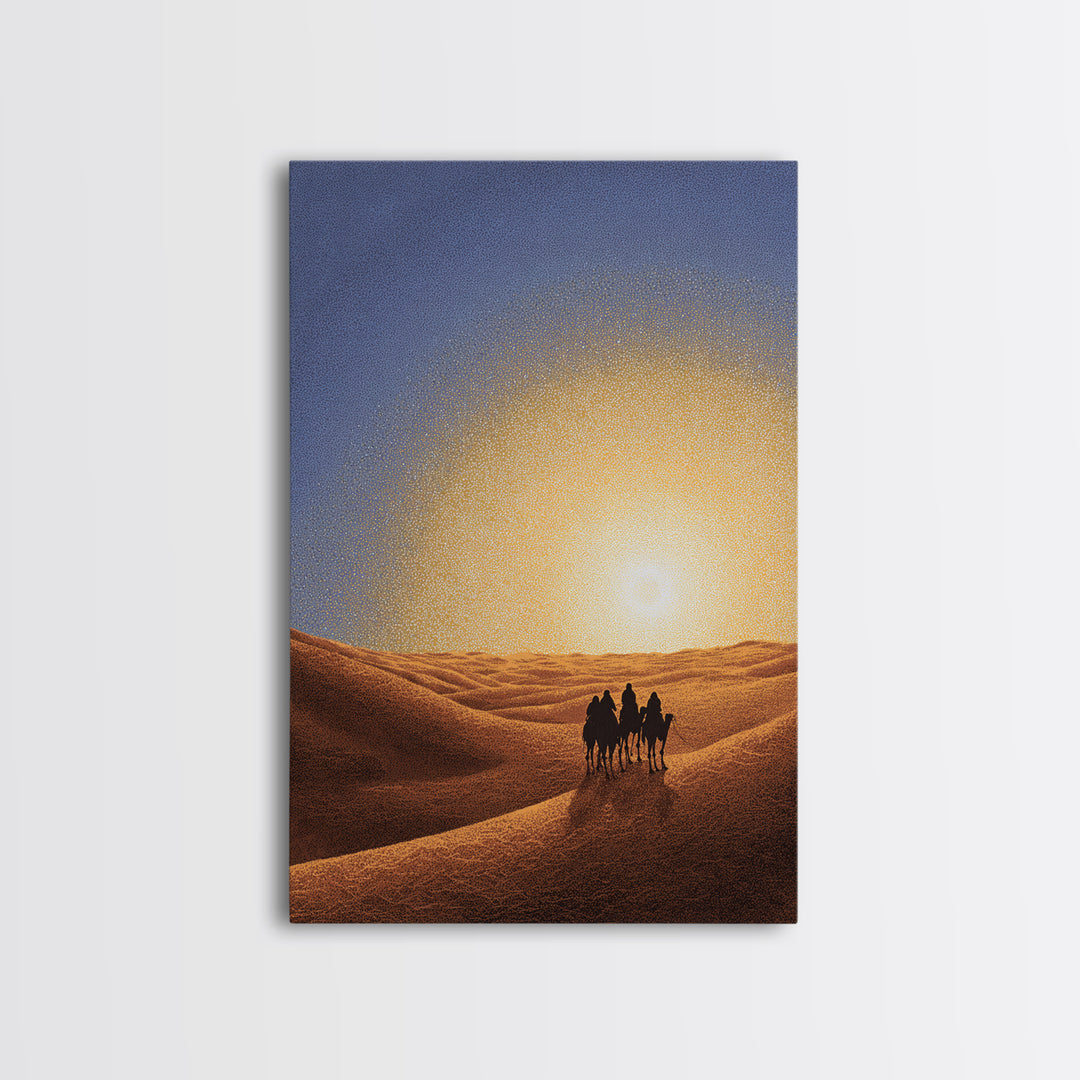 Camel Caravan In Golden Sand Dunes Canvas Print, African Safari Art, Desert Landscape Wall Decor, Warm Sunset Home Decor