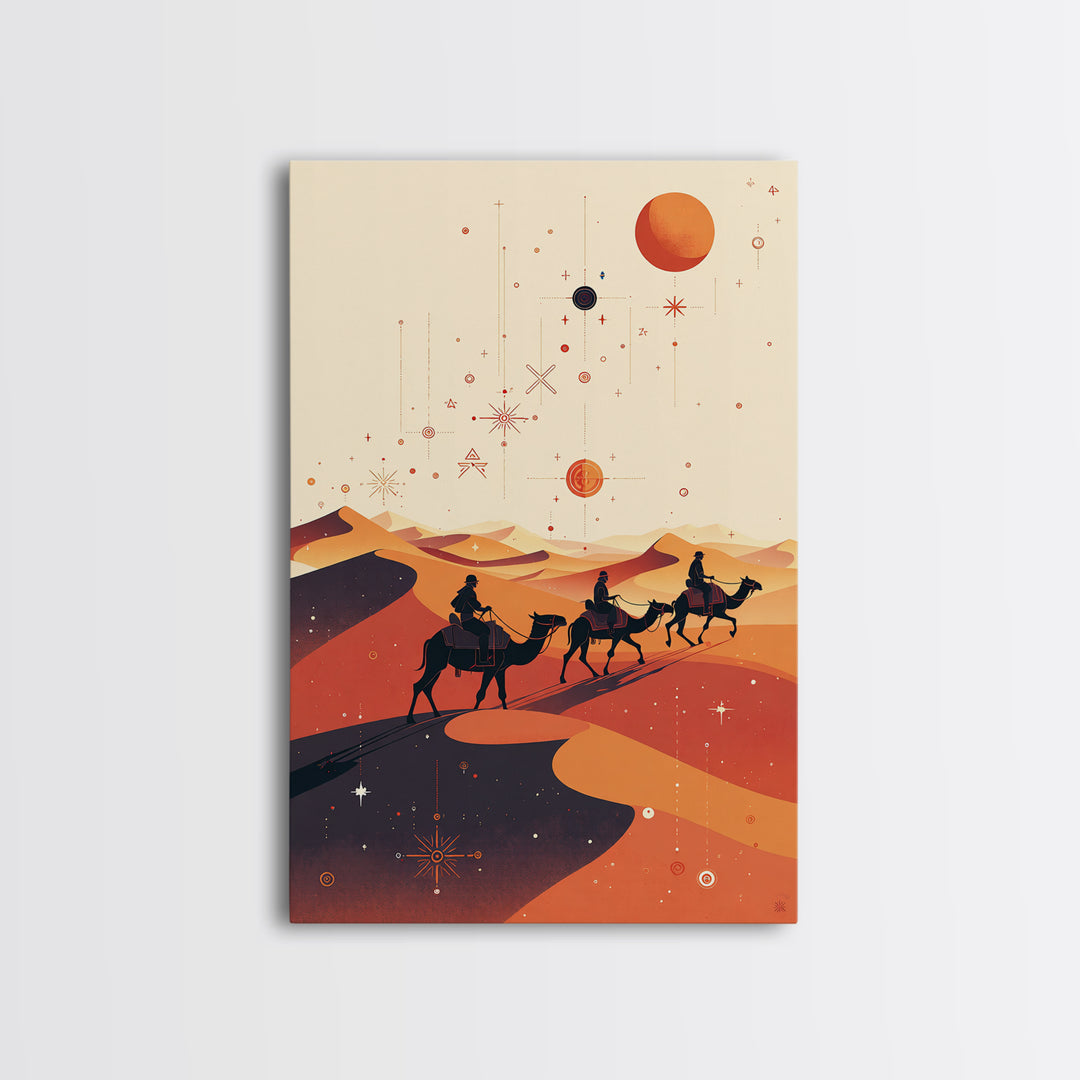 Desert Camel Caravan With Planets Canvas Print, African Travel Art, Boho Wall Decor, Orange Dunes, Celestial Safari Gift