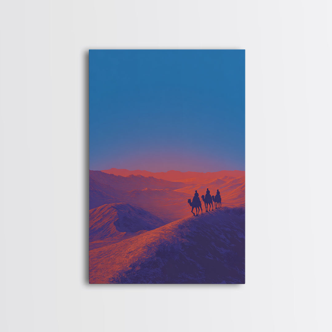 Camel Riders On Blue Desert Ridge Wall Art, African Landscape Print, Modern Safari Art, Sunset Mountain Unique Home Decor Gift