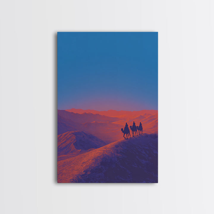 Camel Riders On Blue Desert Ridge Wall Art, African Landscape Print, Modern Safari Art, Sunset Mountain Unique Home Decor Gift
