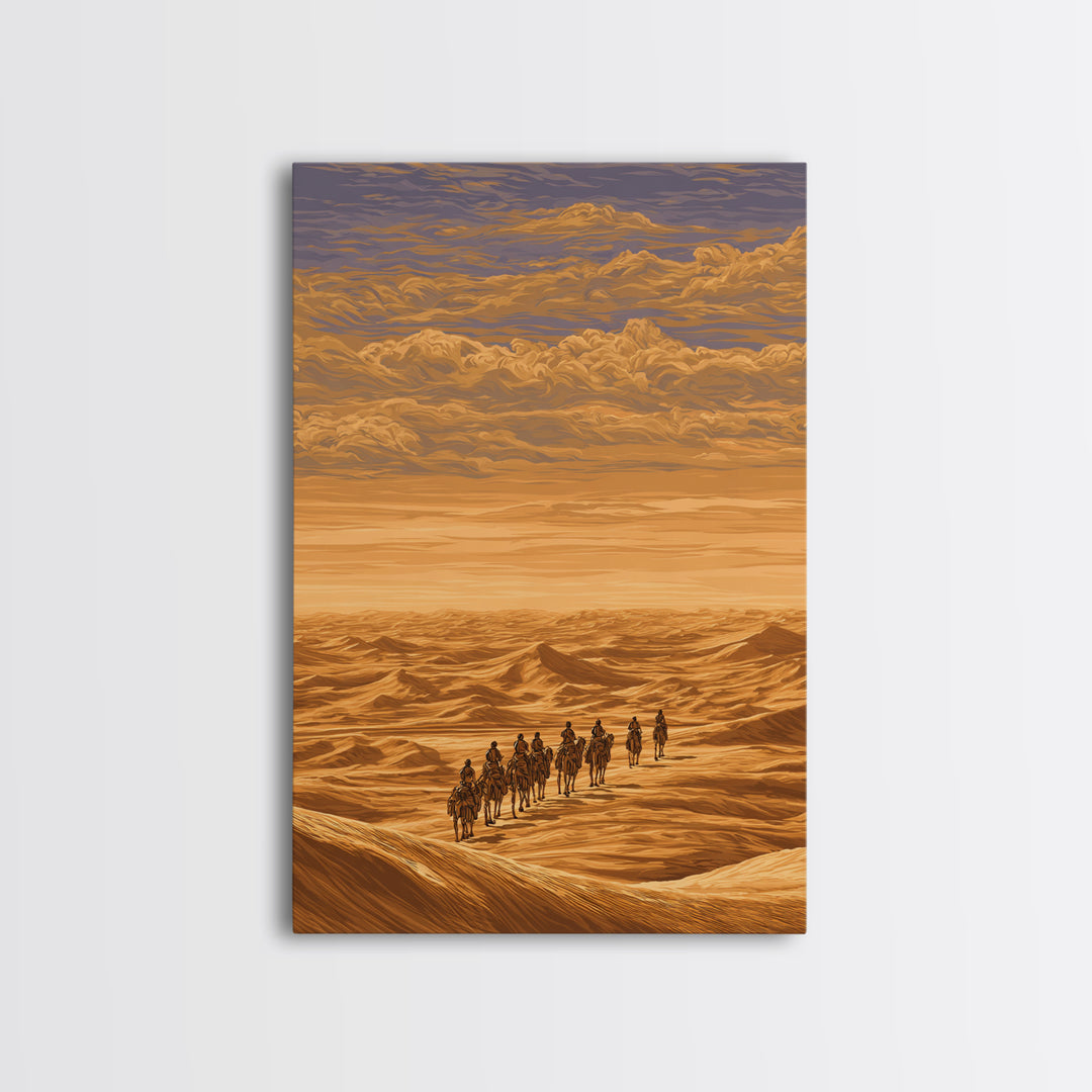 Golden Desert Caravan Across Dunes Canvas Print, African Safari Art, Sahara Landscape, Boho Wall Decor, Living Room Decor