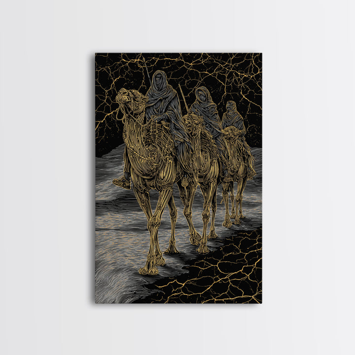 Gold Line Camel Riders On Black Desert Wall Art, African Travel, Tribal Decor, Sahara Poster, Bold Boho Home Decor, Statement Piece