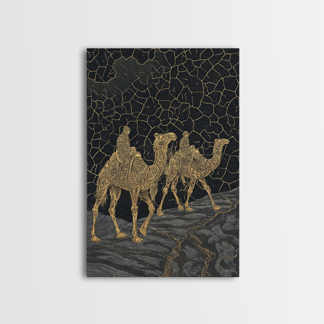 Ornate Golden Camel Caravan Under Stars Framed Canvas Print, African Wall Art, Sahara Travel Poster, Ethnic Home Decor Gift