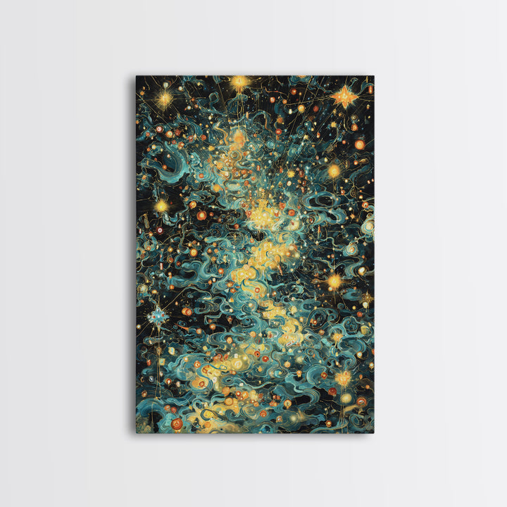 Glowing Celestial Swirls With Stars Canvas Print, Abstract Art, Teal And Gold Wall Decor, Dreamy Modern Home Decor, Gift For Her