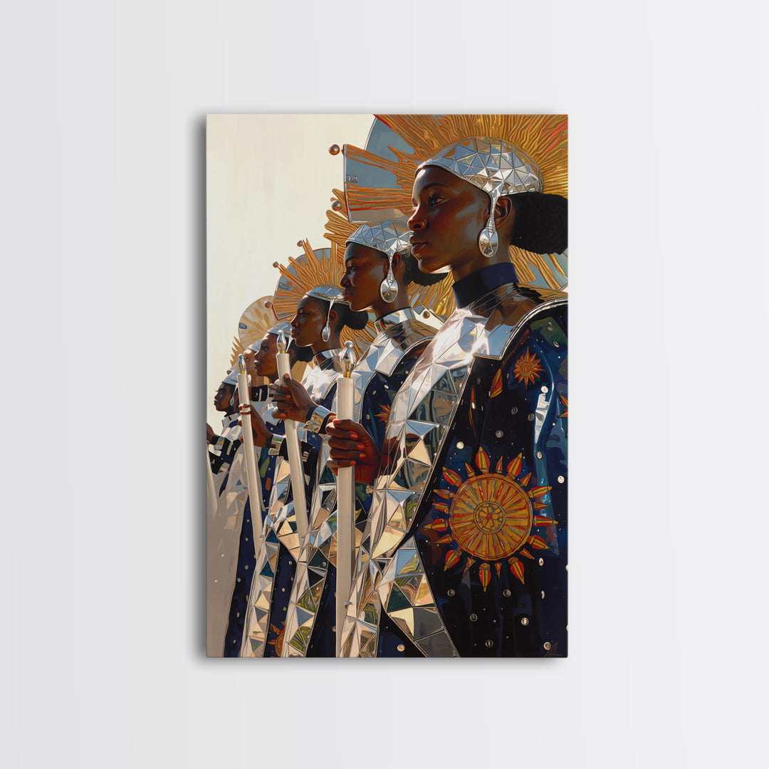 Afrofuturist Women In Silver Sun Armor Canvas Print, Black Women Art, African Queen, Empowered Women, Luxury Wall Decor Gift