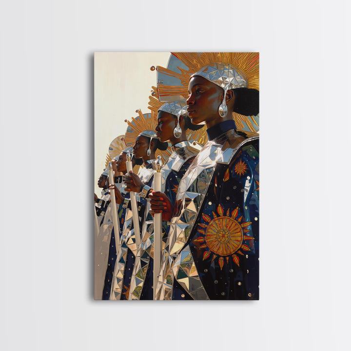 Afrofuturist Women In Silver Sun Armor Canvas Print, Black Women Art, African Queen, Empowered Women, Luxury Wall Decor Gift