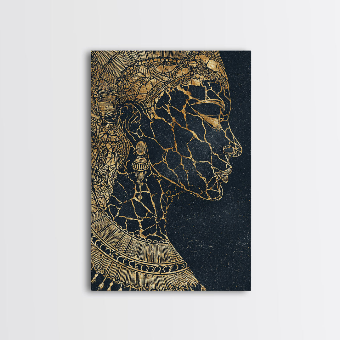 Gold Cracked African Queen Profile Wall Art, Black Woman Portrait, Afrocentric Decor, Luxury Canvas, Black And Gold Design