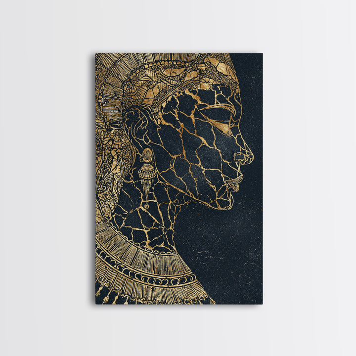 Gold Cracked African Queen Profile Wall Art, Black Woman Portrait, Afrocentric Decor, Luxury Canvas, Black And Gold Design