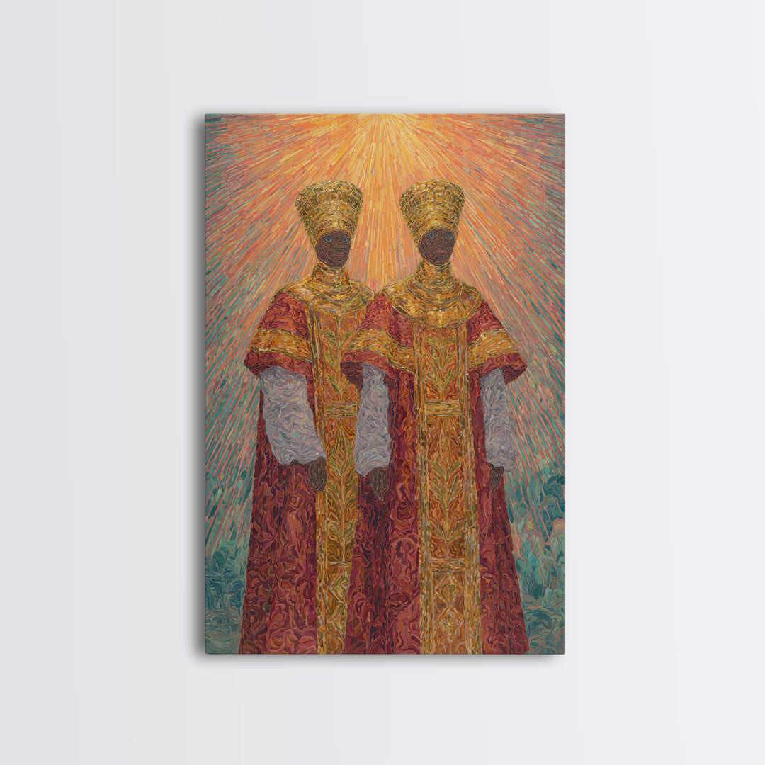 Two Radiant African Queens Canvas Print, Red Gold Royal Portrait, Afrocentric Wall Decor, African Women Art, Gift For Her