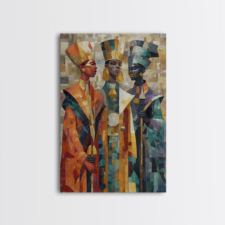 Three Regal African Figures Framed Canvas Print, Cubist Mosaic Portrait, Tribal Queen Art, Cultural Wall Decor, Bold Home Decor