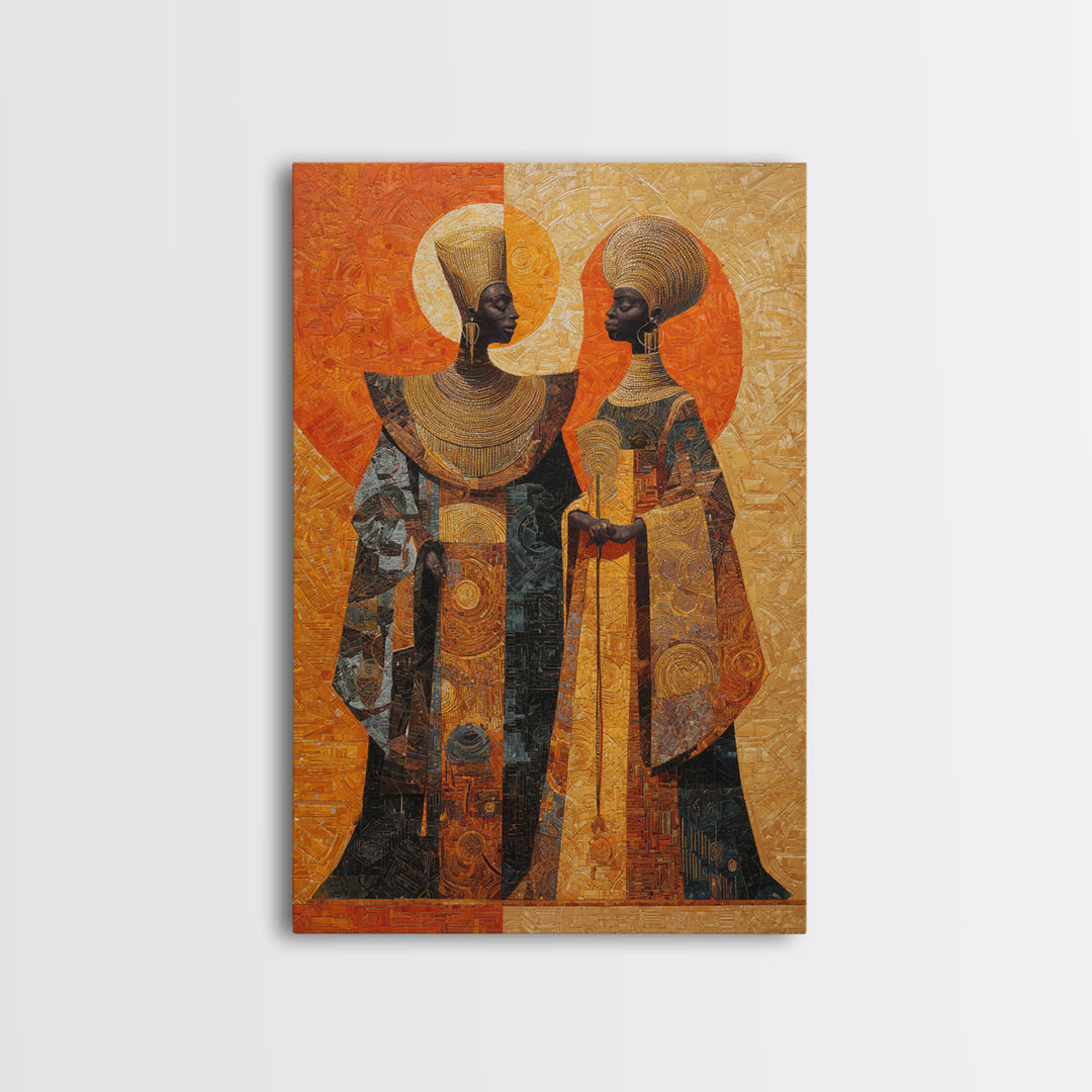 Orange Gold African Queen Pair Wall Art, Elegant Halo Portrait, Modern African Art, Black Woman Canvas, Earth Tone Decor