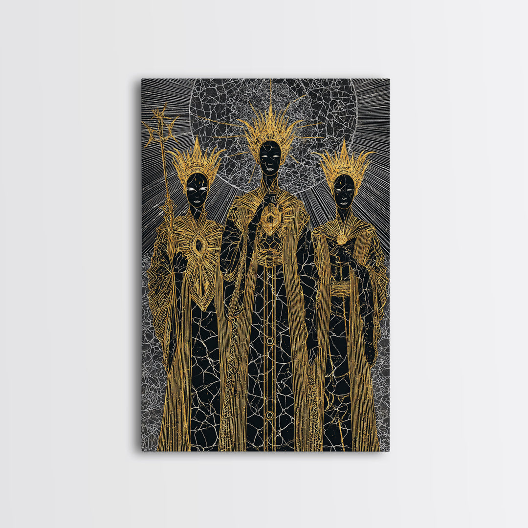 Three Black Gold Priestesses Canvas Print, Mystical African Portrait, Spiritual Wall Art, Goddess Artwork, Afrocentric Decor