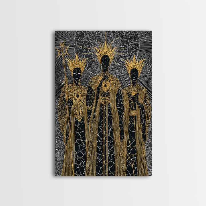 Three Black Gold Priestesses Canvas Print, Mystical African Portrait, Spiritual Wall Art, Goddess Artwork, Afrocentric Decor