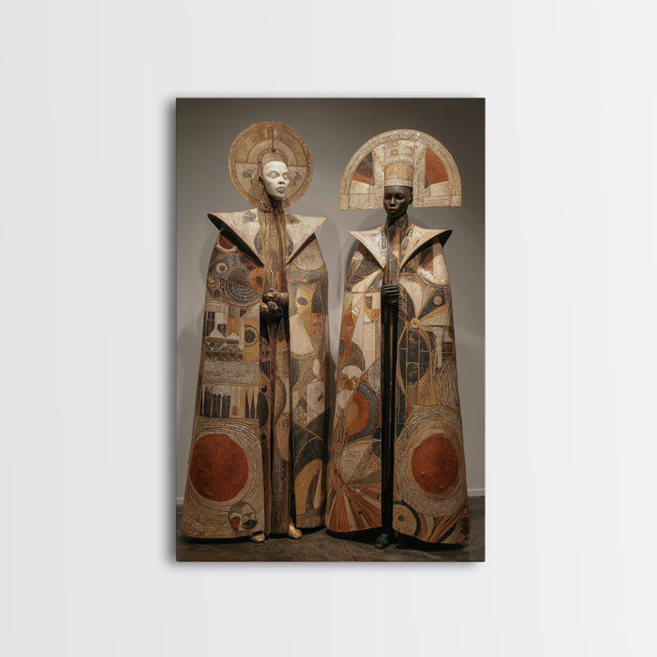 Earth Tone African Royal Figures Framed Canvas Print, Tribal Ceremony Portrait, African Art Decor, Cultural Home Decor Gift