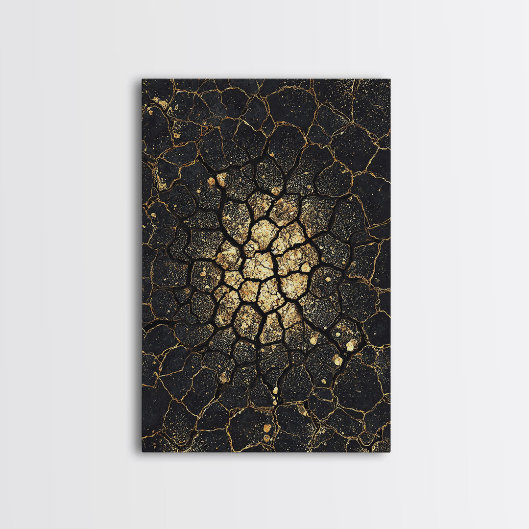 Black Gold Cracked Earth Abstract Wall Art, African Inspired Texture, Modern Canvas Art, Luxury Decor, Statement Wall Piece