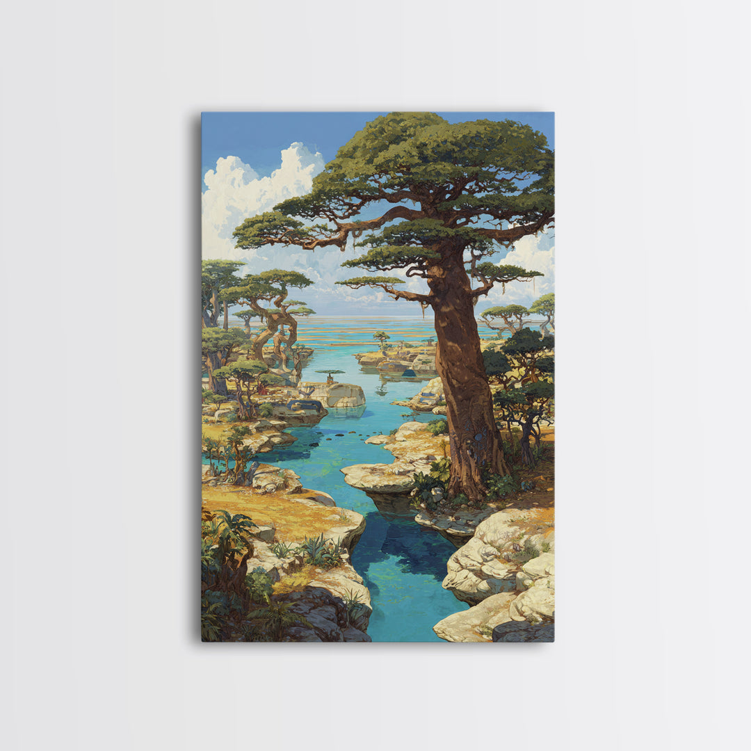 Baobab Trees By Turquoise Water Canvas Print, African Landscape, Serengeti Wall Art, Nature Scene Art, Safari Decor Gift
