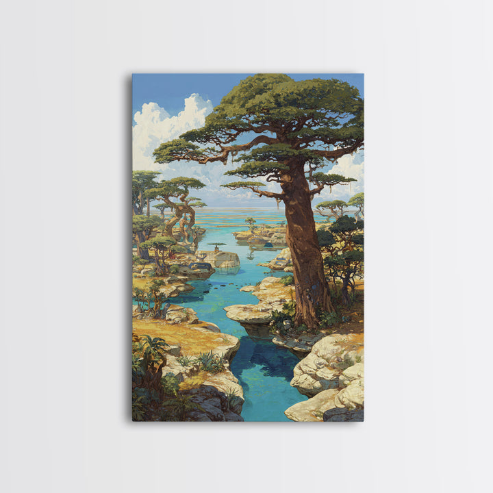 Baobab Trees By Turquoise Water Canvas Print, African Landscape, Serengeti Wall Art, Nature Scene Art, Safari Decor Gift