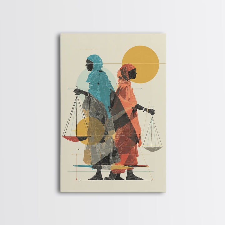 Two Veiled African Women With Scales Canvas Print, Modern Justice Portrait, Afrocentric Wall Decor, Feminine Wall Art Gift