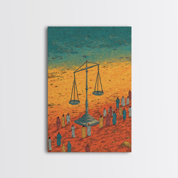 Desert Justice Scales With Robed Figures Wall Art, African Culture Art Print, Afrocentric Decor, Statement Living Room Decor