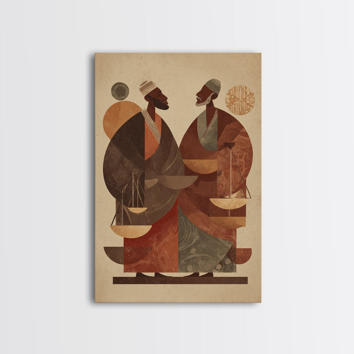 Two African Men With Balance Scales Framed Canvas Print, African Wall Art, Cultural Art Print, Afrocentric Home Decor Gift