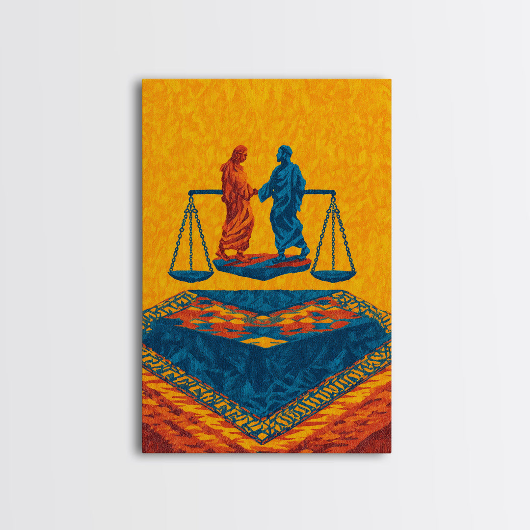 Balanced Figures On Blue Rug Wall Art, African Inspired Justice Painting, Cultural Wall Decor, Bold Afrocentric Canvas Print