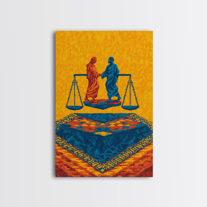 Balanced Figures On Blue Rug Wall Art, African Inspired Justice Painting, Cultural Wall Decor, Bold Afrocentric Canvas Print