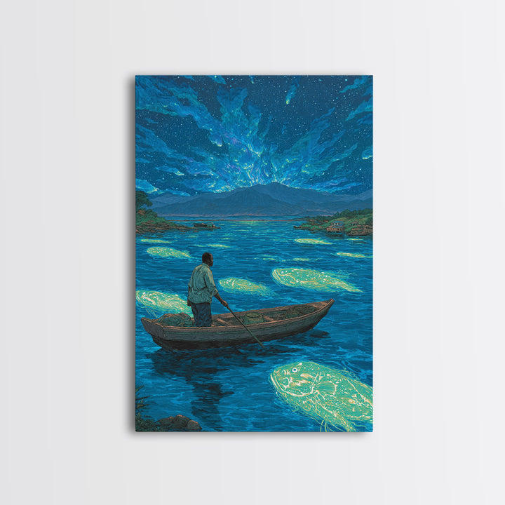 Starlit Fisherman On Glowing Blue Lake Canvas Print, African Landscape Wall Art, Dreamy Nature Scene, Unique Home Decor Gift
