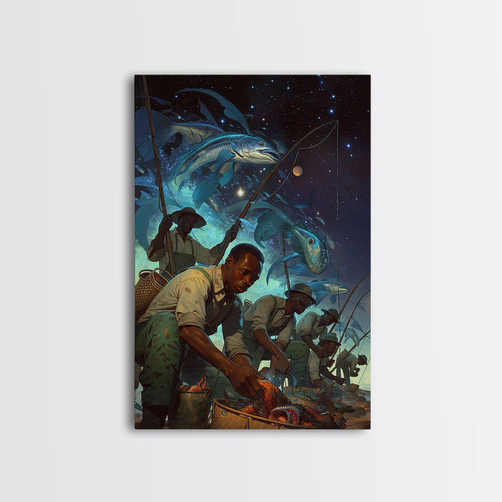 Cosmic Fishermen Under Giant Flying Fish Wall Art, African Safari Art Print, Black Men Portrait, Fantasy Coastal Decor Gift