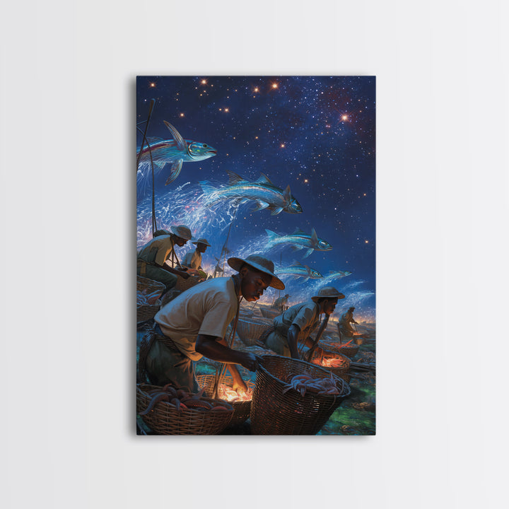 Starry Night Fishermen With Baskets Canvas Print, African Wall Art, Black Men Coastal Scene, Magical Fish Ocean Decor Gift