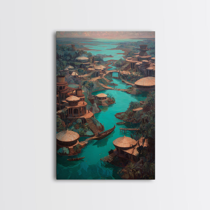 Turquoise River Village With Round Huts Wall Art, African Landscape Canvas Print, Jungle African Decor, Unique Living Room Art