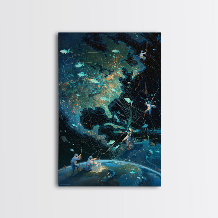 Glowing North America Fishing Map Wall Art, Whimsical Ocean Canvas Print, Teal Adventure Decor For Office And Living Room