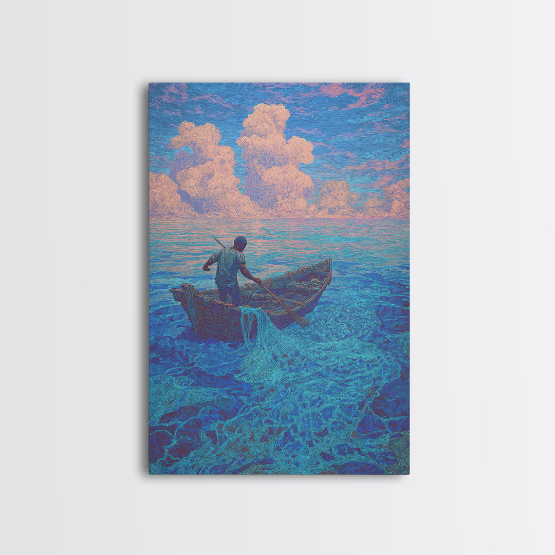 Lone Fisherman On Turquoise Sea Canvas Print, Dreamy Tropical Wall Art, Coastal Nature Decor For Bedroom And Office Gift