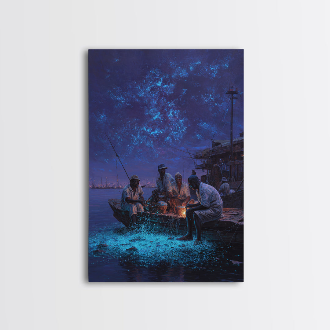 Night Fishermen With Glowing Nets Framed Canvas Print, Blue Coastal Wall Art, Contemporary Harbor Decor For Home Office Gift