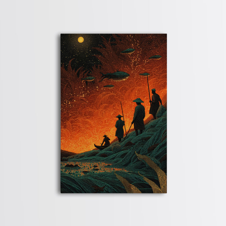 Silhouetted Travelers Under Fiery Sky Wall Art, Orange Sci Fi Canvas Print, Surreal Adventure Decor For Office Gift And Home