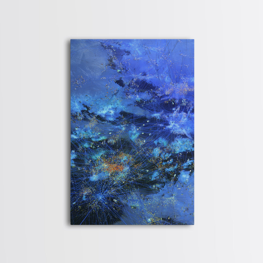 Blue Abstract City Lights Network Canvas Print, Digital Wall Art, Modern Starry Statement Decor For Office And Home Gift
