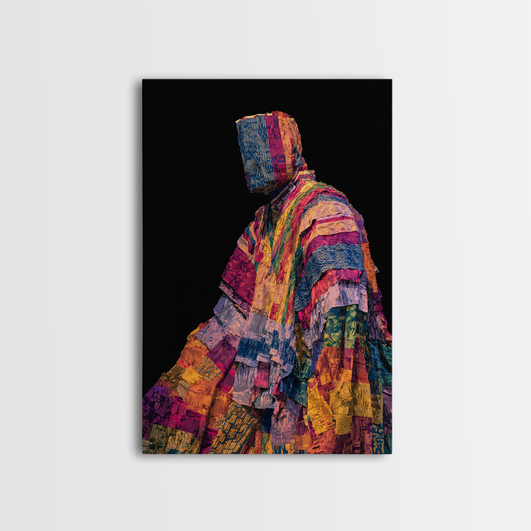 Masked African Textile Seated Figure Framed Canvas Print, Afrocentric Portrait, Vibrant Tribal Art, Cultural Wall Decor Gift